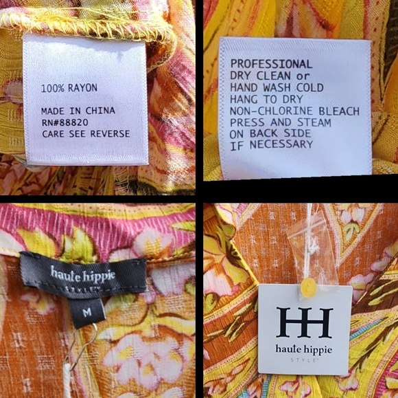 MEDIUM HAUTE HIPPIE faux wrap yellow floral boho collar crop shirt pullover - Picture 2 of 16